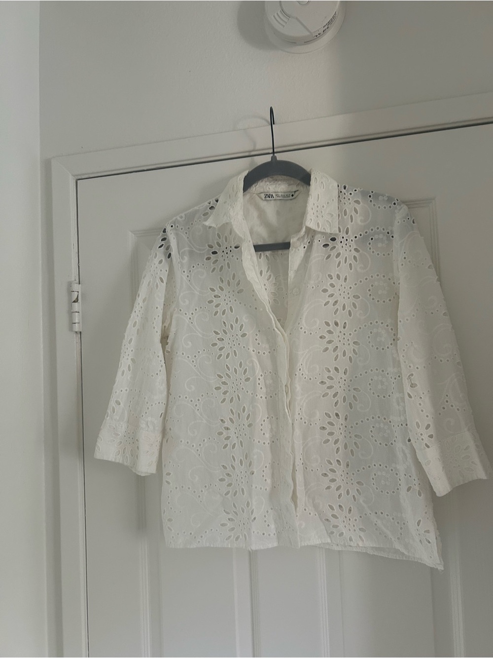 Zara White Eyelet Button-Down Shirt with Floral Cutouts